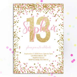 Girl 13th Birthday Invitation Pink and Gold Thirteenth birthday invite Glitter Confetti Birthday Invitations Blush pink Teen Girls Invite