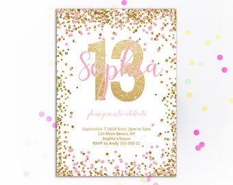 Girl 13th Birthday Invitation Pink and Gold Thirteenth birthday invite Glitter Confetti Birthday Invitations Blush pink Teen Girls Invite