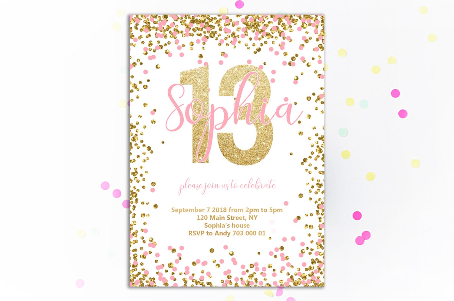 Mädchen 13. Geburtstag Einladung Rosa und Gold Dreizehnter Geburtstag einladen Glitzer Konfetti
