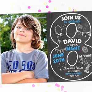 May include: A birthday invitation featuring a photo of a boy and a chalkboard-style design. The invitation is shaped like the number 8 and includes the text "Join us to celebrate", "David is turning eight", and event details.