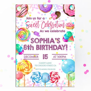 Invito alla celebrazione dolce Invito alla festa di compleanno della ragazza Invito alla caramella Stampabile Sweet Shoppe Candy Land Lecca-lecca Ciambelle Dolci Arcobaleno