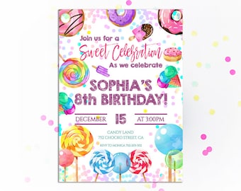 Invitación de celebración dulce Invitación de dulces Invitación de fiesta de cumpleaños de niña Invitación imprimible Tienda de dulces Tierra de dulces Piruletas Donas Dulces Arcoíris
