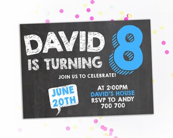 8th Birthday Invitation Boy Eighth Birthday Invitation Chalkboard Birthday Invite Number 8 Eight Blue Birthday Party Printable invites Kids