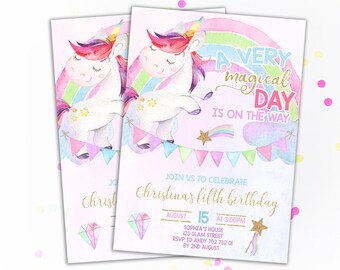 Girl Unicorn Invitations Magical Unicorn Glitter Unicorn Birthday Invitations Rainbow Magical Celebration Colorful Unicorn Theme Party Girls