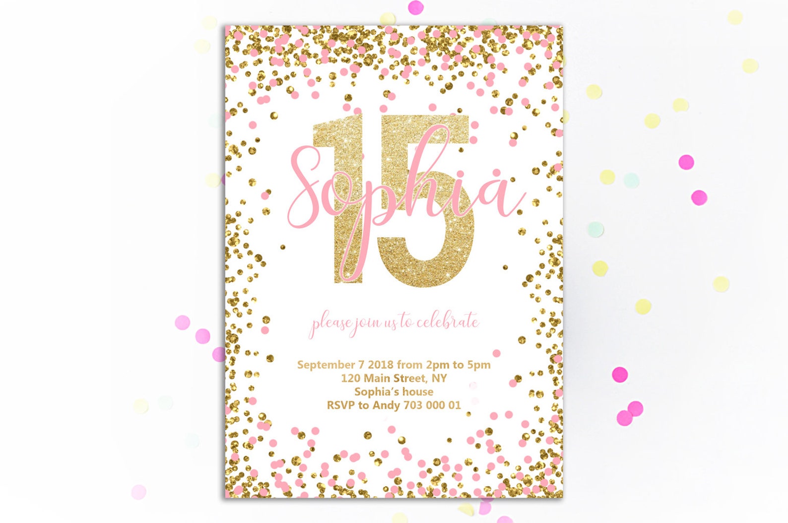 Girl 15th Birthday Invitation Pink and Gold Fifthteenth - Etsy