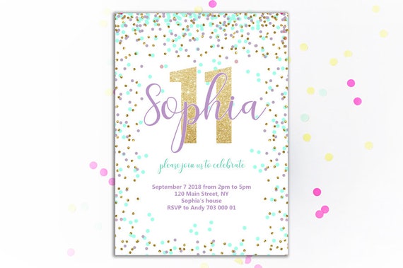 11th birthday invitation turquoise purple mint gold confetti etsy