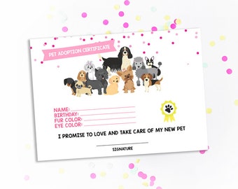 Pet Adoption Certificate Puppy adoption party Printable Birthday Pet Adoption Dog Adopt a Pet Adoption Birthday Party INSTANT DOWNLOAD