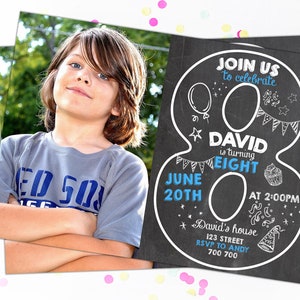 May include: A photo of a boy with long hair and a gray t-shirt next to a birthday invitation. The invitation is black with white and blue text, shaped like the number eight, and reads "Join us to celebrate David is turning eight June 20th".