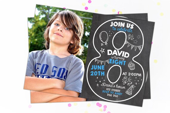Eighth Birthday Invitation Boy Birthday Invitations 8th Birthday Invitation Photo Invitation Chalkboard Picture Invitation Printable Boys