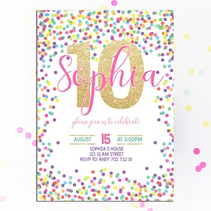 10th Birthday Invitation Girl Birthday Invite Confetti Birthday Invitations Polka Dot Colorful Party Invitations Rainbow Pink Gold Glitter