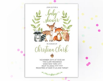 Woodland Baby Shower Invitation Gender Neutral Baby shower invite Woodland animals Forest Animals Boy baby shower Greenery invite printable