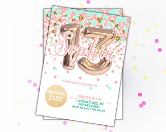 13. Geburtstagseinladungen Mädchen-Geburtstags-Einladung Goldfolien-Ballon-Gold-Konfetti-Glitzer-Geburtstags-Einladungen Printable