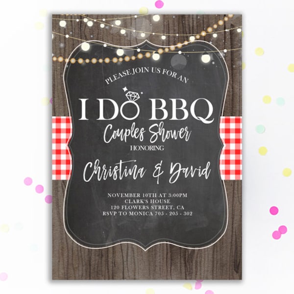 I Do BBQ Invitation Couples Shower Invite Engagement Party Printable Rustic BBQ Invitation Chalkboard Red Plaid Lights Wood Wedding Shower