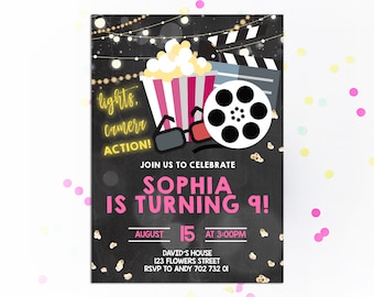 Movie Birthday Invitation Movie Party Invitation Movie Night Invitation Movie Invitation Girl Birthday Invite Pink Lights Camera Action