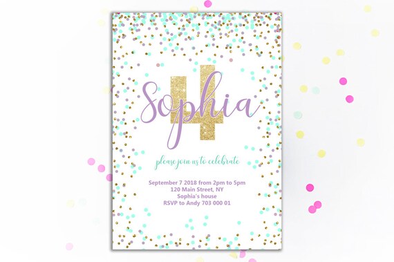 1st Birthday Invitation Purple Turquoise Gold Confetti Birthday Invitation Girl First Birthday Invitation Any Age Girl Invitation Printable