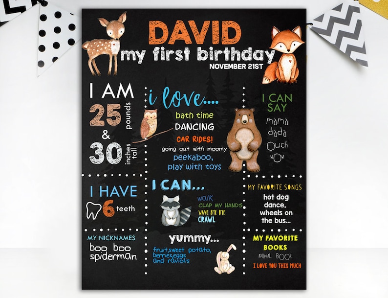 Woodland First Birthday Chalkboard Sign Forest Wild Animals Etsy