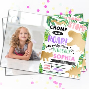 Girl Dinosaur Photo Invitation Dinosaur Birthday Invitation Picture Invitations T-Rex Invitations Gold Dinosaurs Greenery Dino Printable