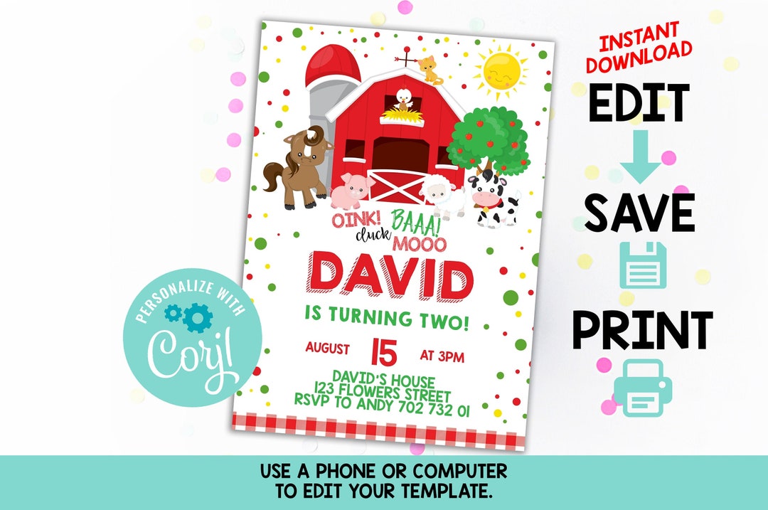 Farm Party Invitation EDITABLE TEMPLATE Farm Themed Barnyard Party Farm ...