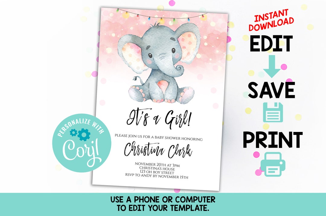 Girl Elephant Baby Shower Invitation Template EDITABLE Blush - Etsy