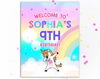 Dabbing Unicorn Welcome Sign Birthday Party Girl Birthday Sign Dab Unicorn Rainbow Birthday Party Dance Unicorn Magical Printable Signs