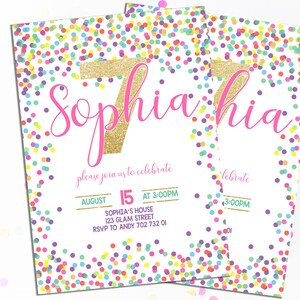 Invitación de cumpleaños número 7 para niña, invitaciones de cumpleaños con confeti, invitaciones de fiesta coloridas con lunares, arcoíris, rosa, dorado y purpurina. imagen 2