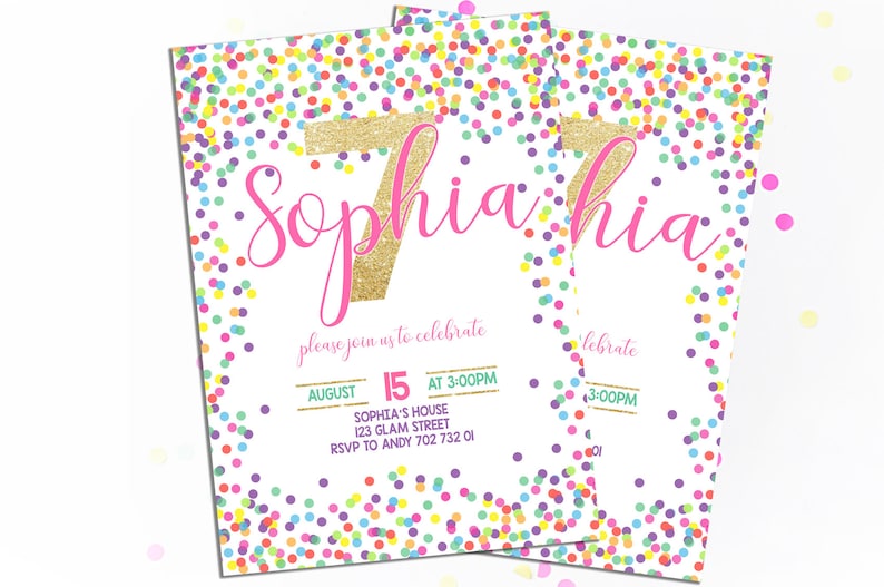 Invitación de cumpleaños número 7 para niña, invitaciones de cumpleaños con confeti, invitaciones de fiesta coloridas con lunares, arcoíris, rosa, dorado y purpurina. imagen 2