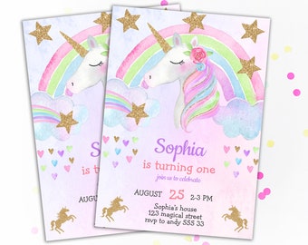 Unicorn Invitation Unicorn Birthday Invitation Unicorn Invitations Unicorn Party Unicorn Girl Personalized Rainbow Invitations Gold Glitter