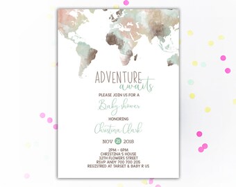 Adventure Baby Shower Invitation Watercolor World Map Adventure Awaits Travel Map Boy Baby shower invitations The Adventure Begins Printable