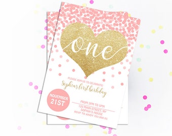 Girl first birthday invite 1st Birthday invitations Gold glitter confetti Blush pink Heart Pink and gold Girl Birthday invites Printable