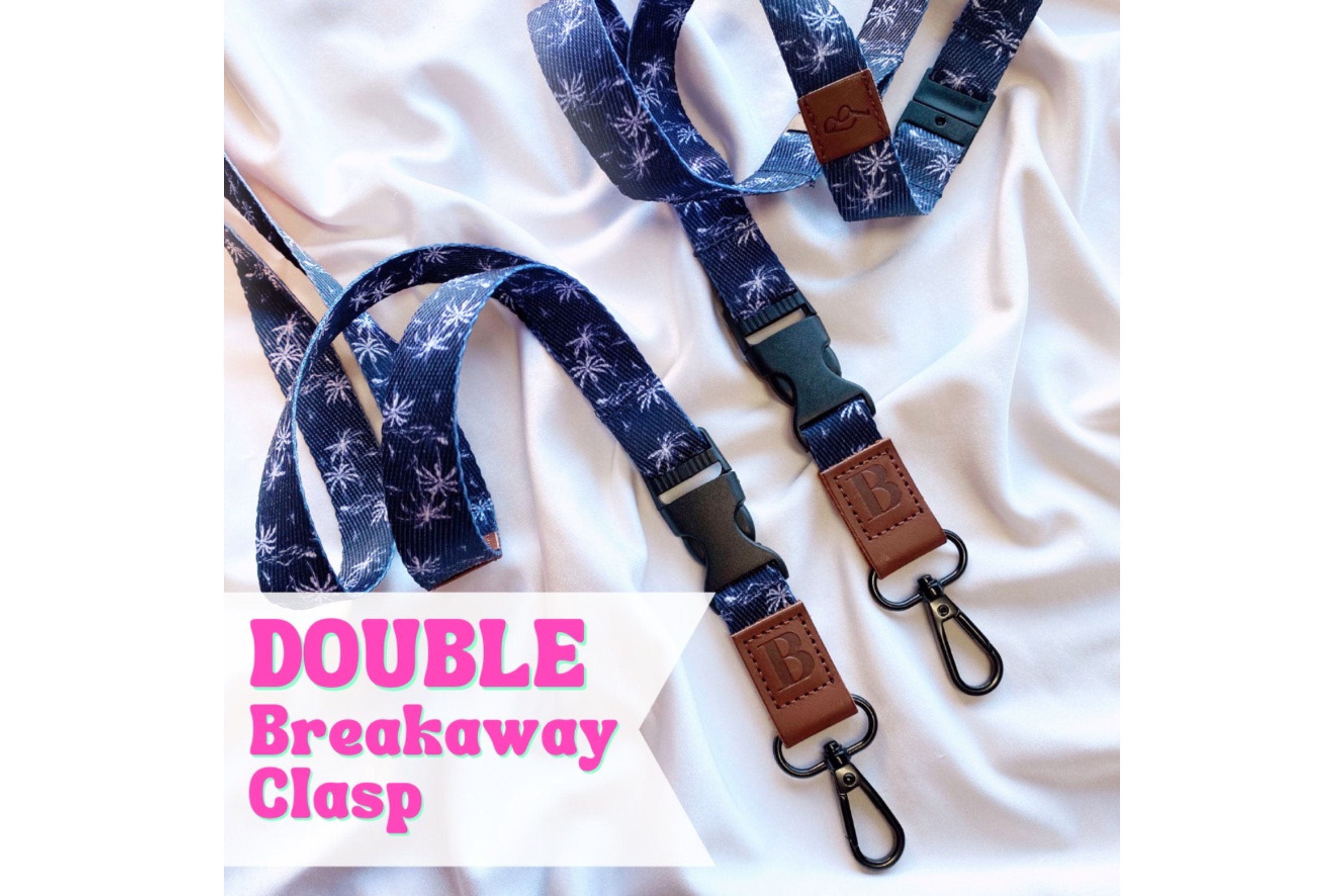 Deluxe Fabric Lanyard | Double Breakaway Clasp | Navy Blue Tropical Print