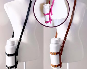 Drink Bottle Carrier Holder | Brown | Vegan Leather | Water Bottle Strap Accessory for Travel, Exercise, Gym