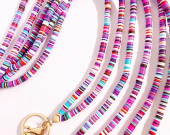 Heishi Beaded Lanyard | Purple | Polymer Clay Disc Beaded Teacher Work Lanyard | Gift for teacher, coach, her | Key Holder