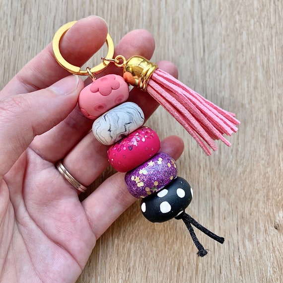 Beaded Keychain Pinky Purple Glitter Keyring Modern Polymer Clay Accessories  for Keys 