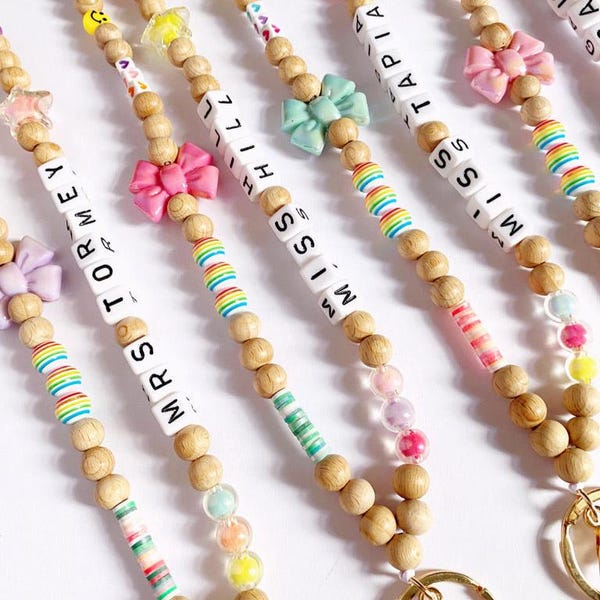 PERSONALISED Playful Wooden Beaded Lanyard | Wood & Colourful Beads | Teacher Lanyard for classroom with ID holder | breakaway clasp