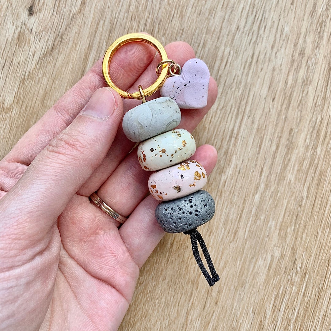 Key Chain With Little Rocks Beaded Keychain Stone Natural Neutral Rocks Keyring Modern Polymer Clay ...