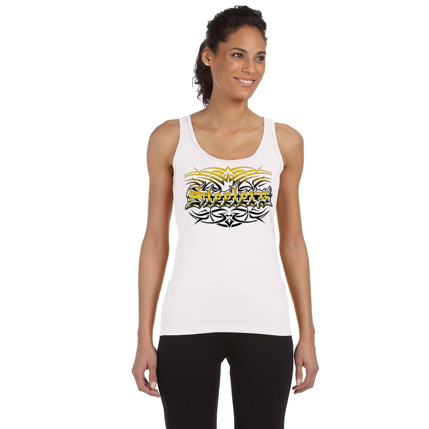 BlueWaveCreations Steelers Tattoo T-Shirt, Tank or Sleeveless White M L XL 2x 3X 4X 5X Women Ladies Men New