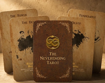 Op de afbeelding: Een set van vijf rechthoekige tarotkaarten met een verouderd, perkamentachtig uiterlijk. De voorste kaart is donkerbruin met een gouden ouroboros-symbool en de tekst The Neverending Tarot. Andere kaarten tonen zwarte inktillustraties.