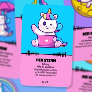 May include: A pink and blue card with a cartoon unicorn holding a laptop. The card has the text "DER STERN" and "Hoffnung, Ruhe, ein gutes Omen!" in German. The card is part of a larger set of cards with different unicorn illustrations.