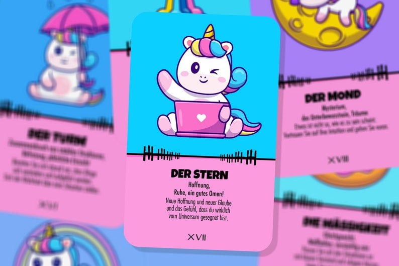 May include: A pink and blue card with a cartoon unicorn holding a laptop. The card has the text "DER STERN" and "Hoffnung, Ruhe, ein gutes Omen!" in German. The card is part of a larger set of cards with different unicorn illustrations.