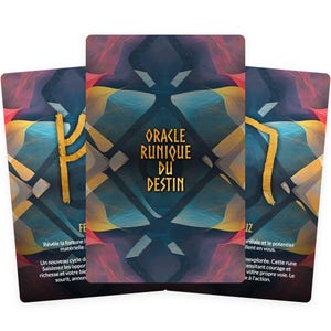 May include: Three oracle cards with a dark blue background and colorful abstract designs. The center card displays the text "ORACLE RUNIQUE DU DESTIN" in gold lettering. The cards feature gold rune symbols and French text.
