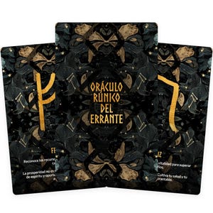 May include: Three tarot cards with a dark background and gold accents. The cards feature intricate designs and text in Spanish. The central card displays the words "ORÁCULO RÚNICO DEL ERRANTE". The other cards have symbols and text.