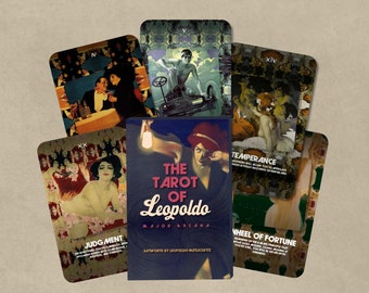 May include: A deck of tarot cards featuring vintage art. The central card reads "The Tarot of Leopoldo, Major Arcana." Other cards display images with titles like "Judgment," "Temperance," and "Wheel of Fortune." The artwork has a classic, antique aesthetic.