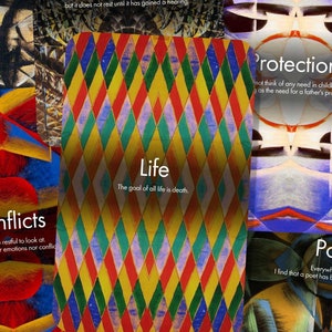 K&ouml;nnte beinhalten: Ein Satz bunter Karten mit abstrakten geometrischen Mustern und Text. Die Karten zeigen S&auml;tze wie "Konflikte", "Leben", "Schutz" und "Dichter".