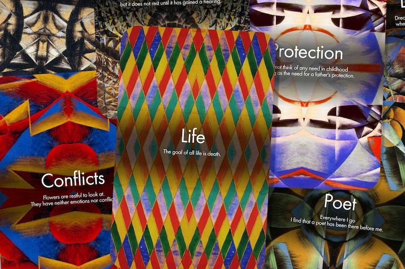 K&ouml;nnte beinhalten: Ein Satz bunter Karten mit abstrakten geometrischen Mustern und Text. Die Karten zeigen S&auml;tze wie "Konflikte", "Leben", "Schutz" und "Dichter".