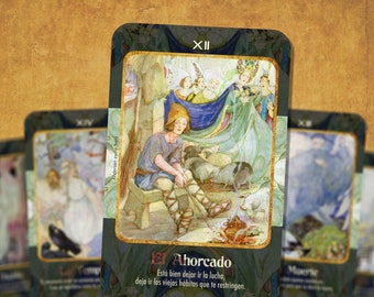 May include: A tarot card with a green background and a gold border. The card depicts a man sitting on a wooden stool with his hands tied behind his back. The card is numbered XII and titled "El Ahorcado". The text below the image reads "Está bien dejar ir la lucha, deja ir los viejos hábitos que te restringen."