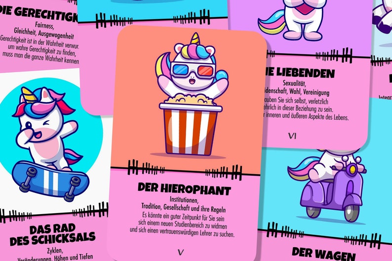 May include: A set of tarot cards with colorful unicorn illustrations and German text. The cards feature a variety of themes, including justice, love, the hierophant, and the chariot.