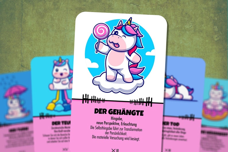 May include: A pink and blue unicorn card with the text "DER GEH&Auml;NGTE" and the text "Hingabe, neue Perspektive, Erleuchtung. Die Selbsthingabe f&uuml;hrt zur Transformation der Pers&ouml;nlichkeit. Die materielle Versuchung wird besiegt. XII". The unicorn is holding a pink lollipop and is standing on a white cloud.