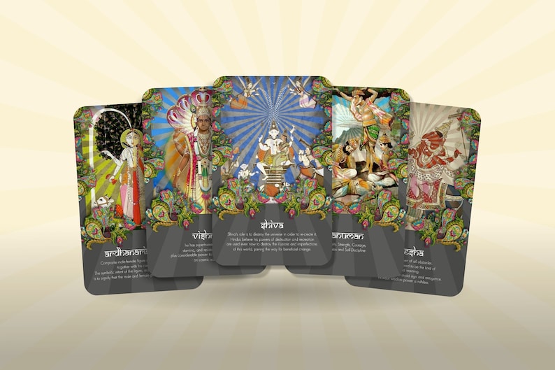 May include: Five colorful cards with images of Hindu deities and text in Sanskrit. The cards are arranged in a fan shape with the text facing the viewer. The deities depicted are: Ardhanarishvara, Vishnu, Shiva, Saraswati, and Ganesha.