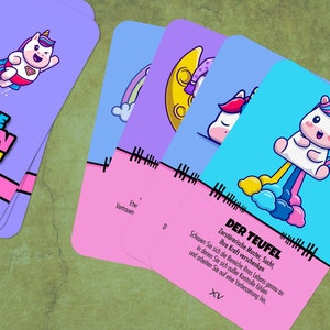 May include: A set of tarot cards with a unicorn theme. The cards feature colorful illustrations of unicorns in various poses, including a unicorn flying, a unicorn sleeping, and a unicorn with a rainbow coming out of its rear end. The cards are labeled with the names of the tarot cards, such as "The Devil" and "The Star".