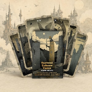 Peut inclure: Un jeu de cartes de tarot Surreal Echoes Tarot Major Arcana disposé en éventail. La carte centrale représente une silhouette tenant une épée entre deux hautes colonnes de pierre sous une lune pâle. La palette de couleurs inclut des gris, jaunes et bruns.